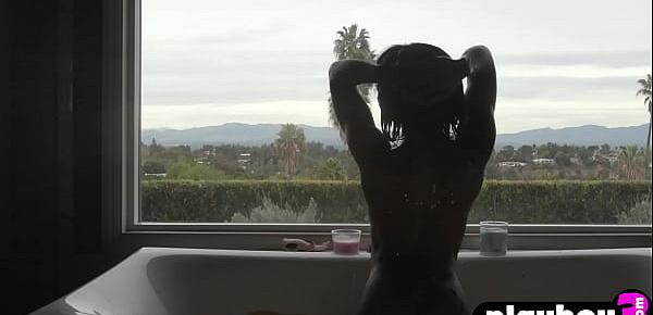  Horny ebony babe Ana Foxxx massage her wet black pussy after hot posing